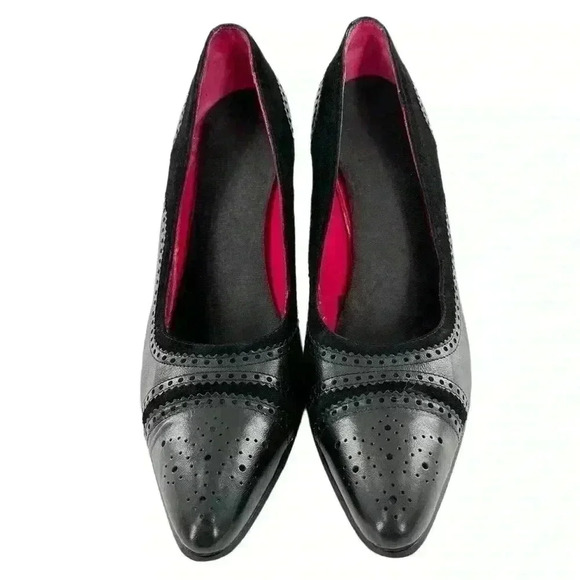 Emanuel Ungaro heels size 8.5 black Italian leather suede cap toe brogue career - Picture 2 of 14